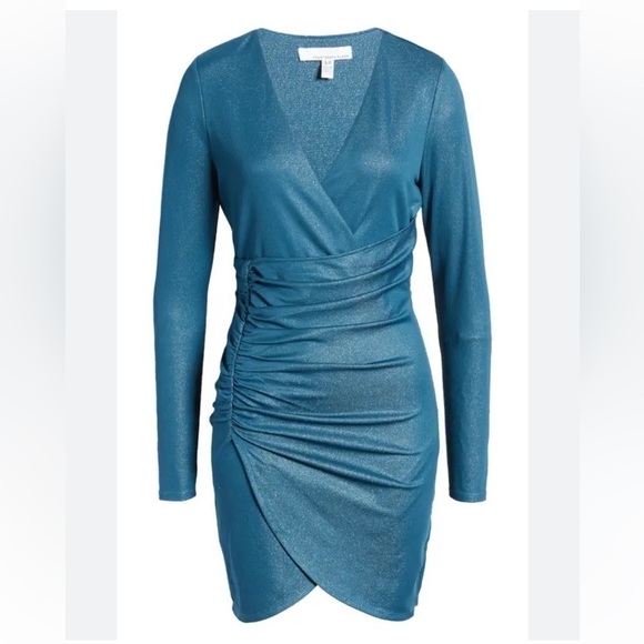 New Fourteenth Place Paulette Metallic Long Sleeve Mini Dress Faux Wrap Ruched M - Picture 4 of 13